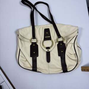 Rioni Designer Virtue Pebbled Leather Cream and Brown Shoulder Bag